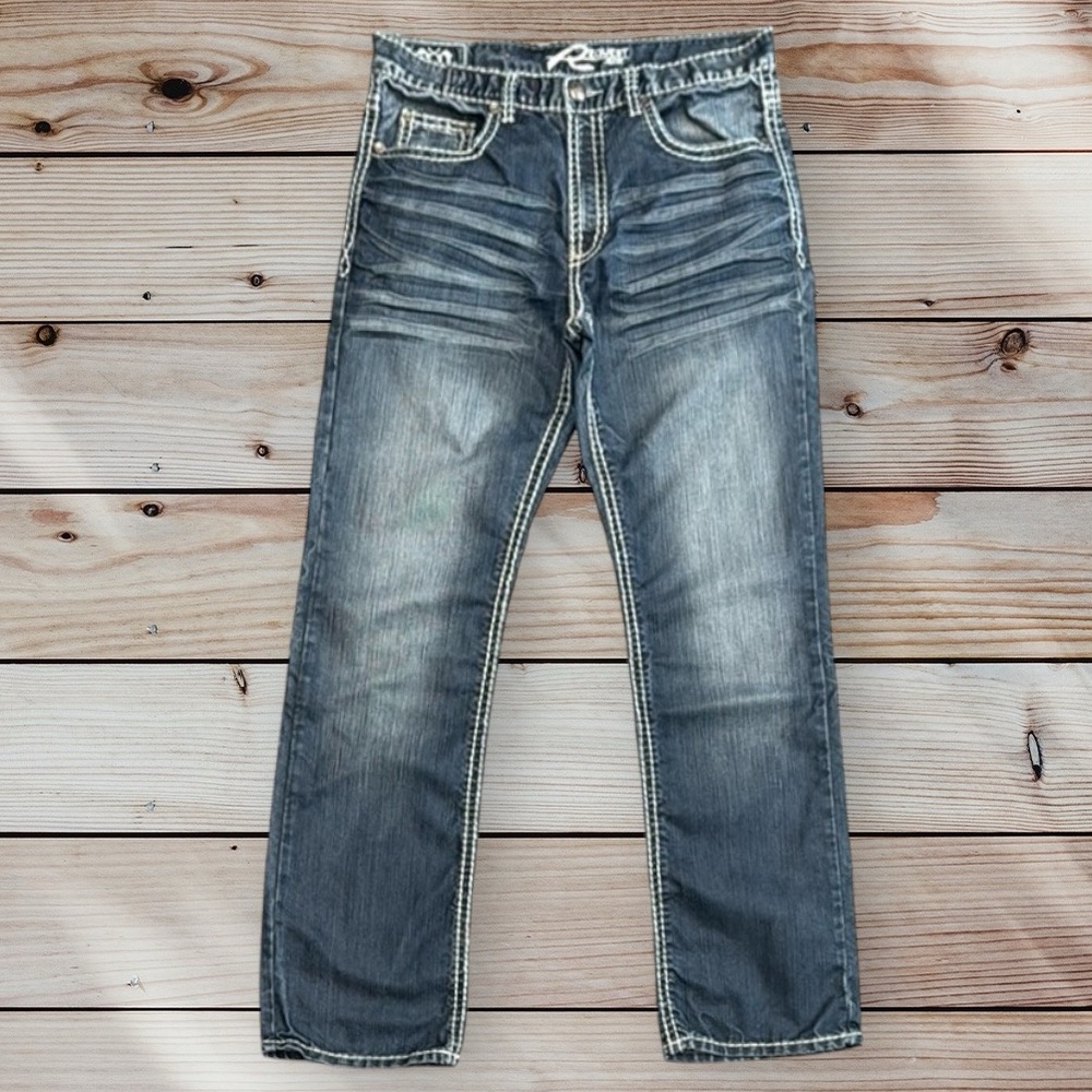 Request Y2K Relaxed Straight Distressed Embroidered Blue Denim Men's Jeans 34x34
